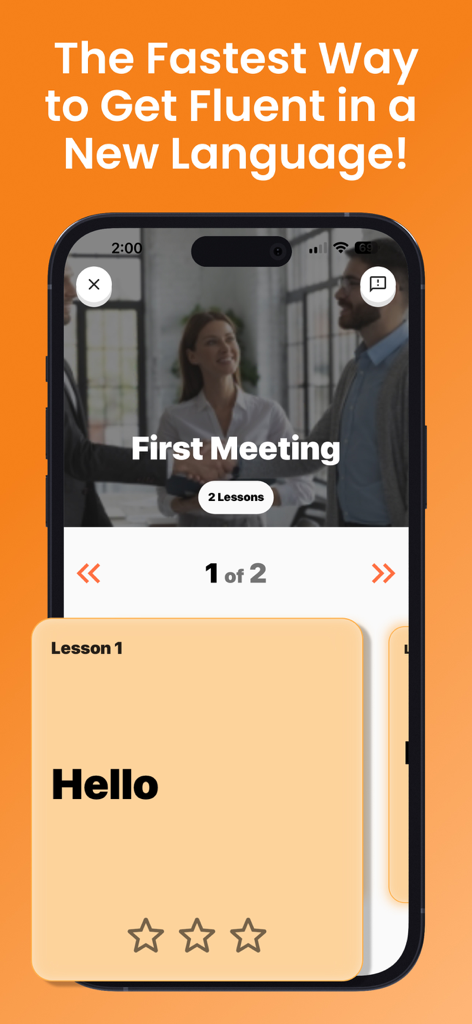 Learn & Speak Fluent Forever - こんにちはという単語のフラッシュカードが表示されたCapableのモバイルアプリインターフェース、最初の会議レッスン