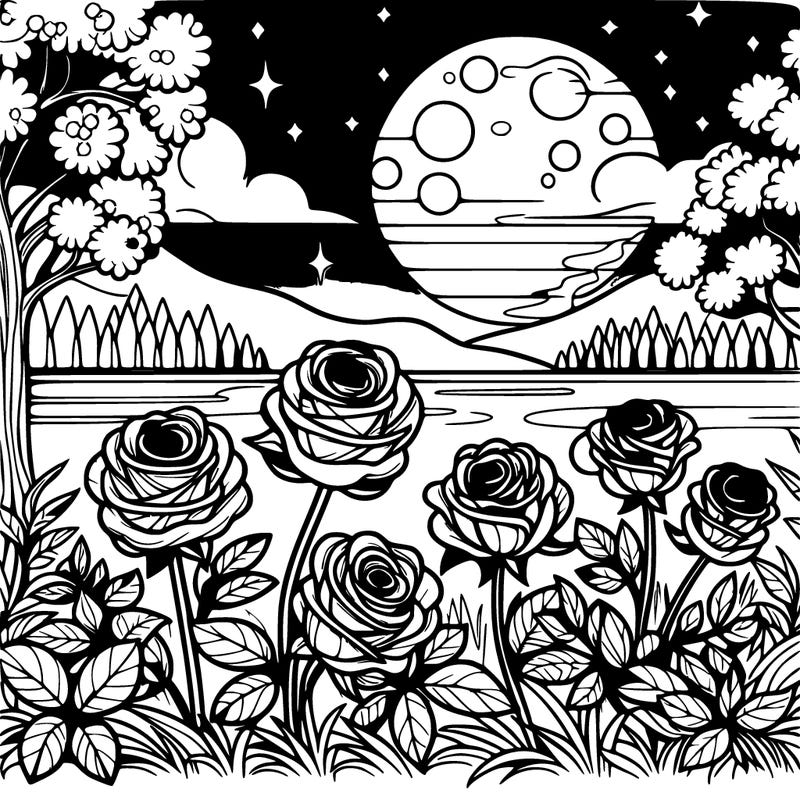 roses under the moonlight near a lake