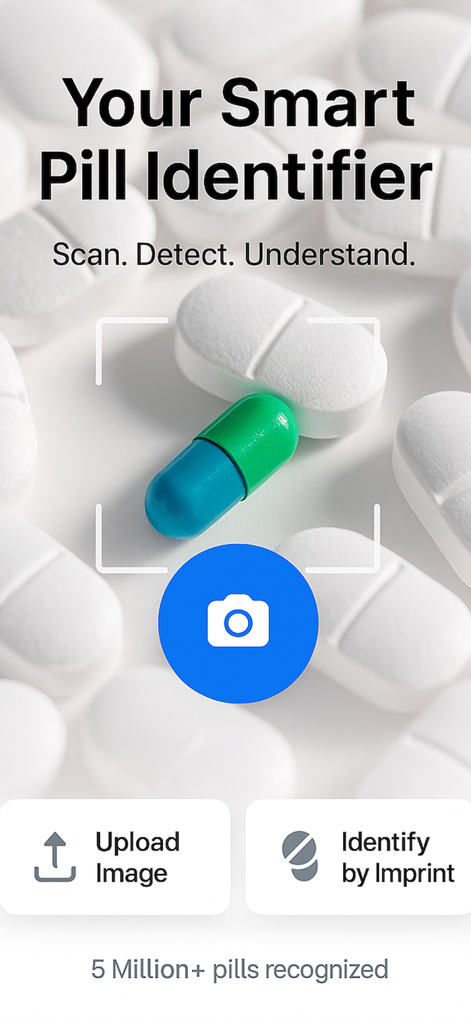 Tela principal do aplicativo AI Pill Identifier mostrando a interface de escaneamento de pílulas e opções de identificação