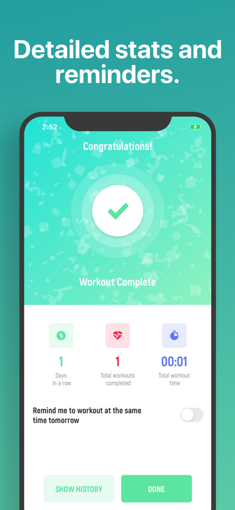 Tabata Timer □ - Tabata Timer app workout completion screen showing statistics and reminders