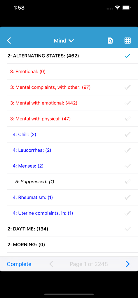 A mobile interface of the Zomeo app showing a list of mental and physical homeopathic rubrics for case repertorisation