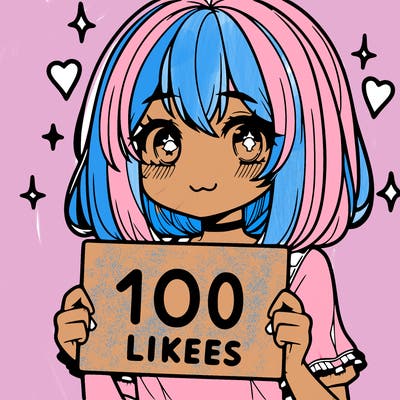 anima girl holding a 100 likes sign in her hand