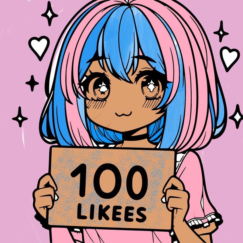 anima girl holding a 100 likes sign in her hand