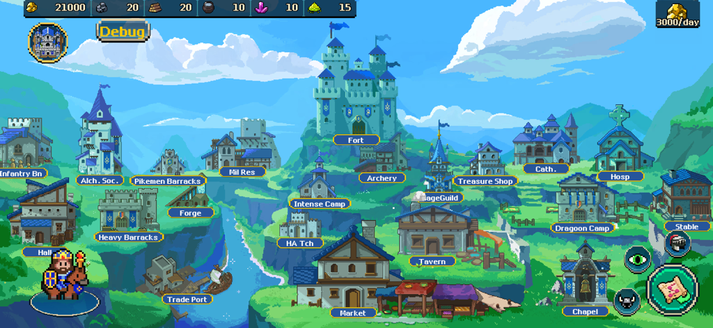 Empires Game - Vista cenital pixel art de un reino con edificios militares y de recursos etiquetados en Empires Game.