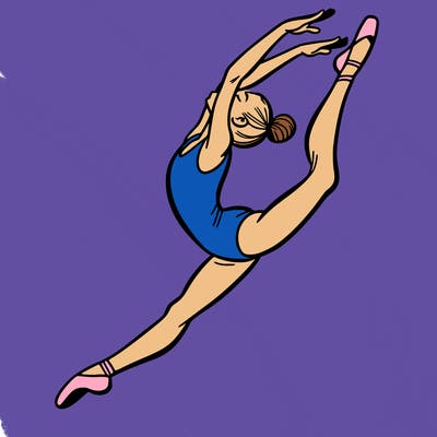 gymnast doing a leap in a leotard with a bent back leg