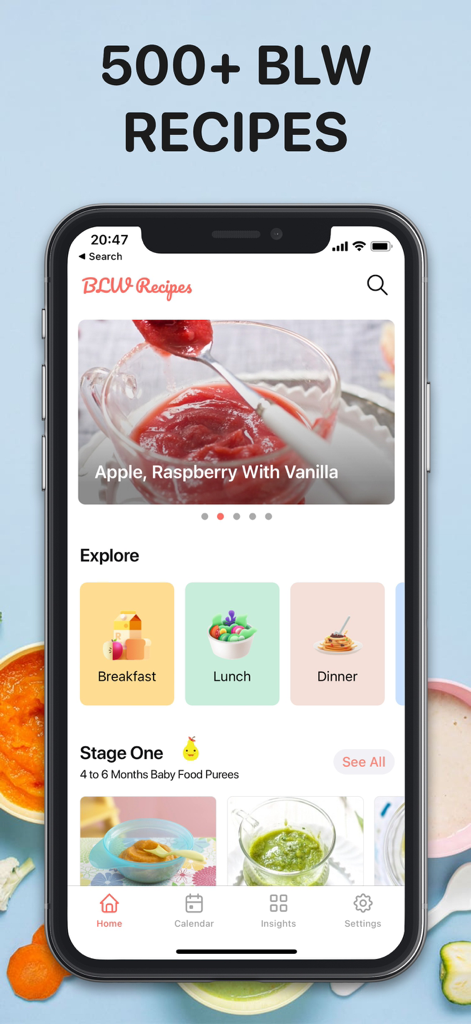BLW Meals: Baby Led Weaning - BLW Meals app home screen showing baby food recipes for breakfast lunch and dinner