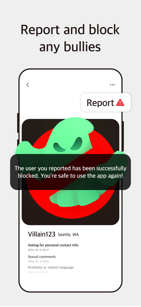 Connecting - Call and say hi - Smartphone screen showing the report and block feature to ensure a safe community on the Connecting app.