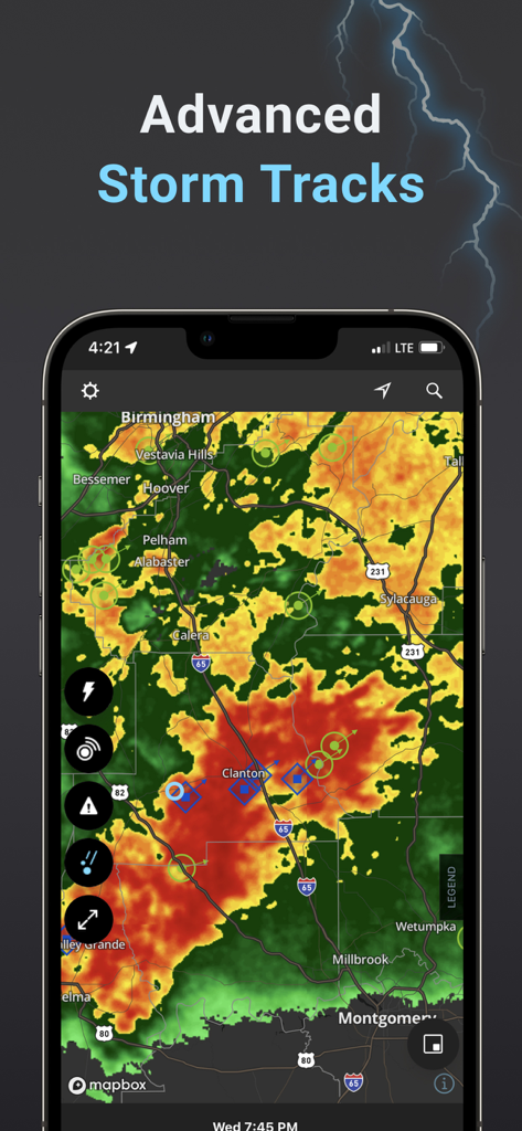 Storm Radar: Weather Tracker - Un mapa de radar meteorológico de alta resolución en un teléfono inteligente que muestra trayectorias de tormentas avanzadas y patrones de clima severo