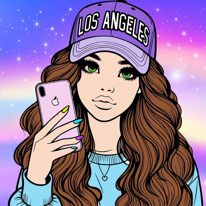 realistic beautiful girl wearing los ángeles cap holding an iphone