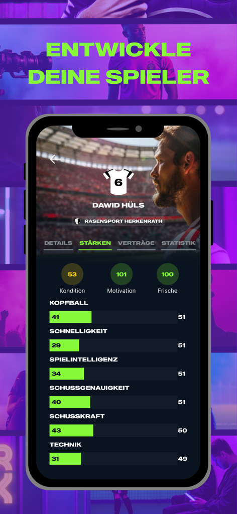 KINGS OF FOOTBALL - KoF - Interfaz del juego móvil que muestra el desarrollo individual de los jugadores y sus atributos de habilidad en Kings of Football