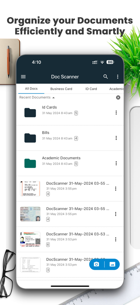 Document Scanner by Lufick - Doc Scanner app interface showing folders for ID cards, bills, and academic documents