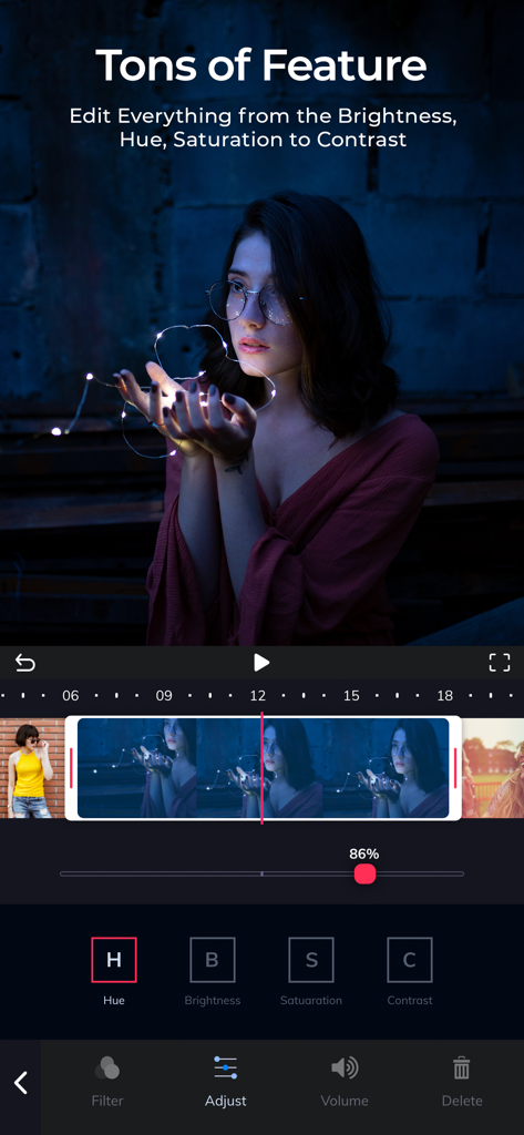 Add Music to Video‎‎‏‏‎ ‎ - Mobile app interface showing video adjustment tools for hue, brightness, and saturation