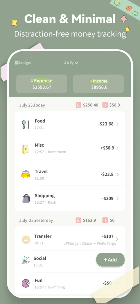 SmileBudget - SmileBudgetアプリのインターフェース。収入と支出の概要が表示された、クリーンでミニマリストな毎日の支出追跡リストを表示しています。