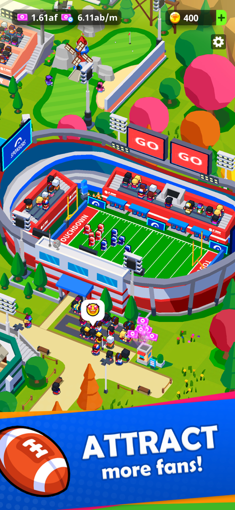 A 3D top-down view of an American football stadium and mini-golf course in Sports City Tycoon with text saying Attract more fans.