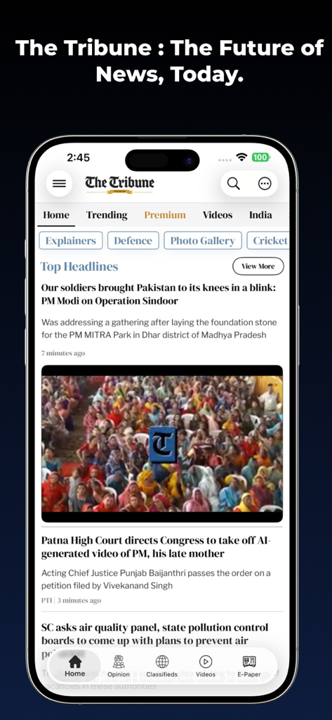 The Tribune - The Tribune mobile app home screen displaying top headlines and Indian news categories