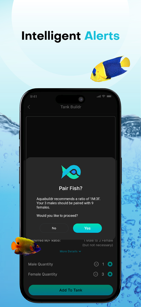 Aquabuildr - A screenshot of the Aquabuildr app displaying an intelligent alert for fish pairing recommendations