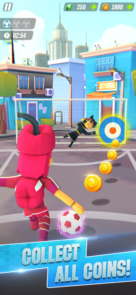 Soccer Star - Flick Football - 赤いキットのサッカー選手キャラクターが、ゴールターゲットにコインの列を通り抜けてボールを蹴ろうとしている