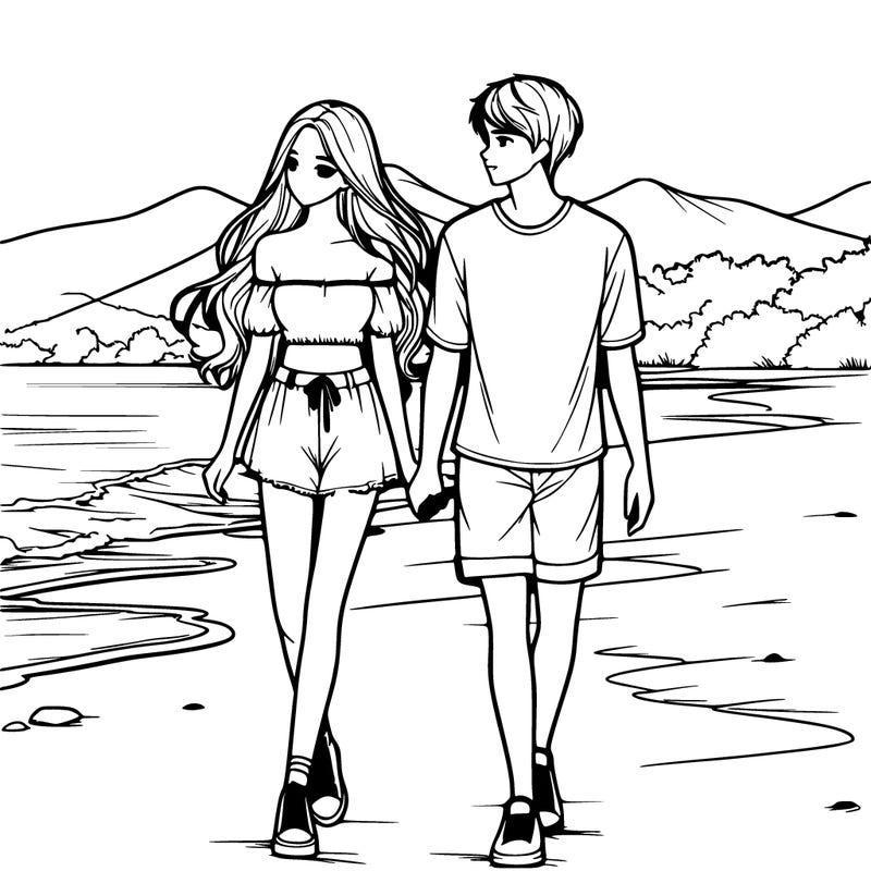 a girls walking in the beach with her boyfriend realistic