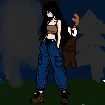 girl in baggy pants crop top and long hair