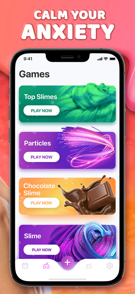 Mood Balance:Self Care Tracker - Mood Balance App-Oberfläche, die eine Liste von entspannenden Schleim- und Partikelspielen zur Linderung von Angstzuständen anzeigt