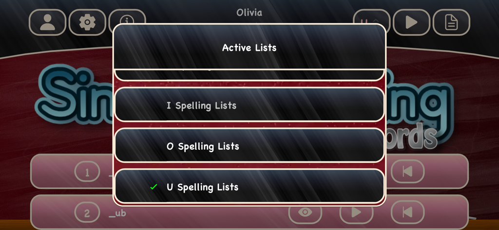 Simplex Spelling Phonics CVC - Um menu no aplicativo Simplex Spelling Phonics CVC mostrando listas de ortografia ativas para diferentes vogais como I, O e U.