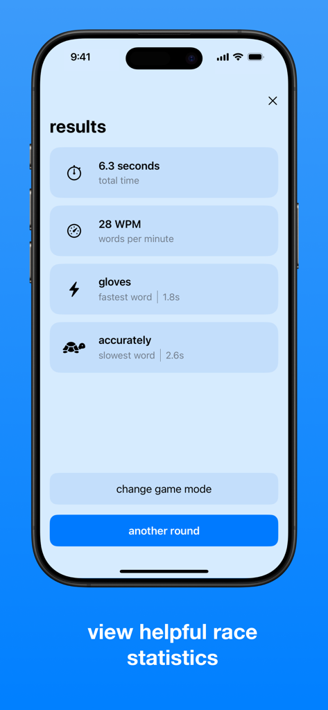 Qwerty - Typing Races - Qwertyタイピングレースアプリの結果画面、1分あたりの単語数とレース時間を表示