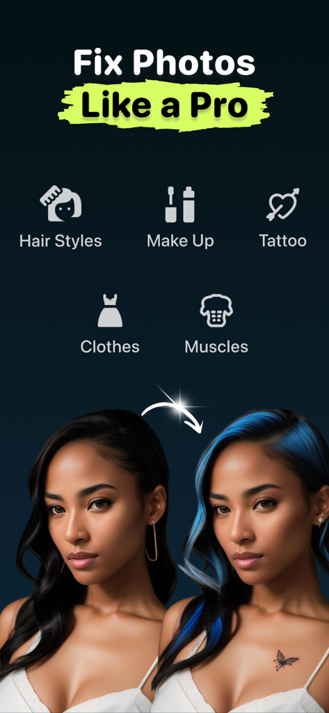 Interface d'édition de photos IA montrant un changement de couleur de cheveux et l'ajout de tatouages sur une femme