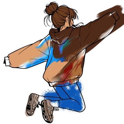 realistic girl jumping with a bun and oversized sweatshirt