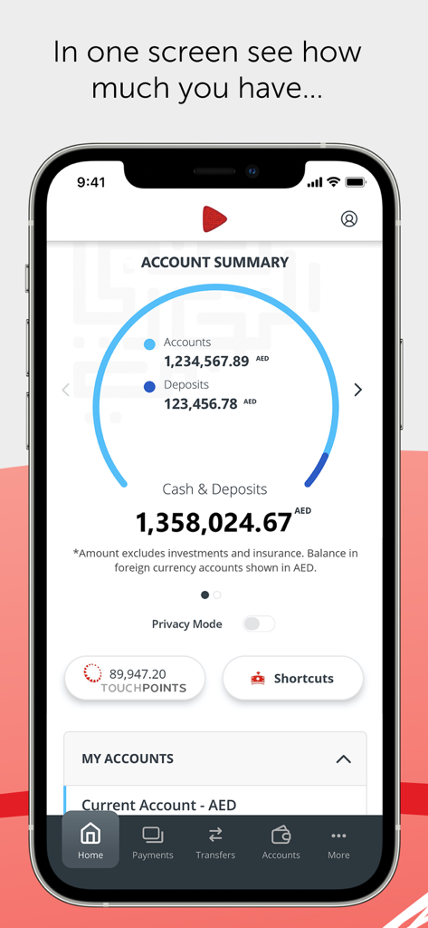 ADCB - Pantalla de resumen de cuenta de la aplicación de banca móvil ADCB que muestra el saldo total de efectivo y depósitos