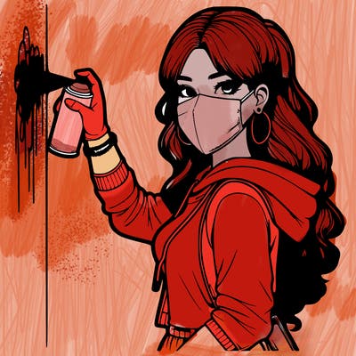 realistic girl with mask spray painting a wall