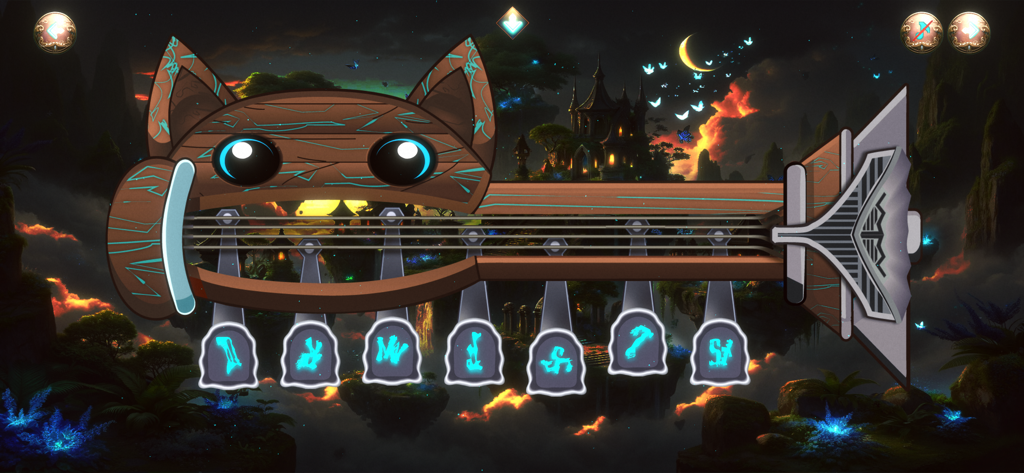 i Legendary Instruments - Wooden cat-shaped string instrument with glowing keys against a magical fantasy night landscape