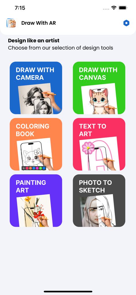Main interface of the AR Draw Sketch app showing various drawing and design modes