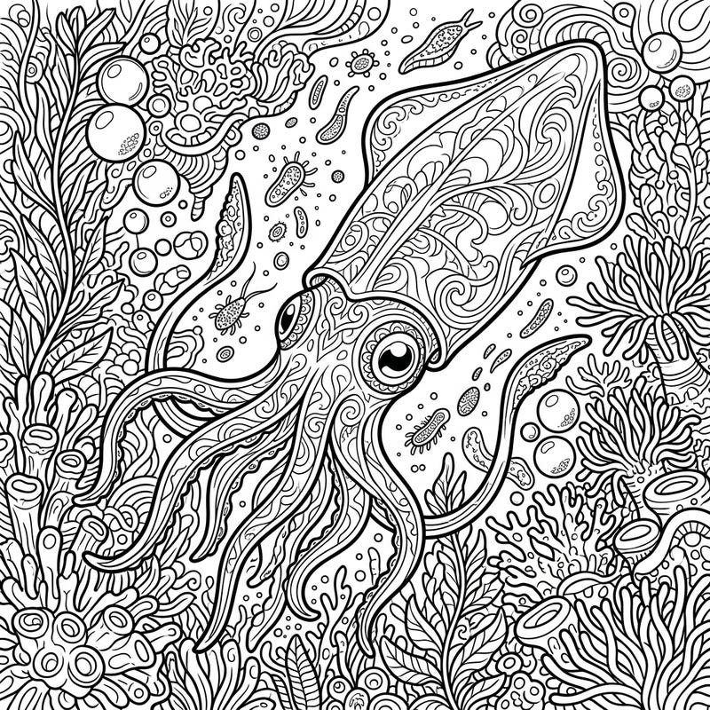 Explore the mesmerizing beauty of the deep ocean with this intricate Glass Squid coloring page. Featuring a translucent squid amidst dense deep-sea flora and shimmering plankton, it promises hours of creative immersion.