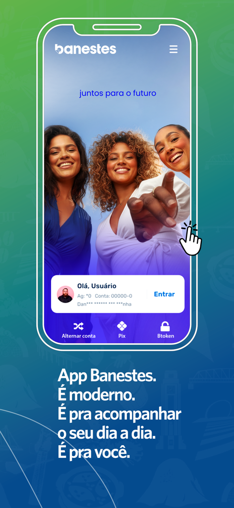 Banestes - Home screen of the Banestes mobile banking app featuring a login interface and Pix shortcut