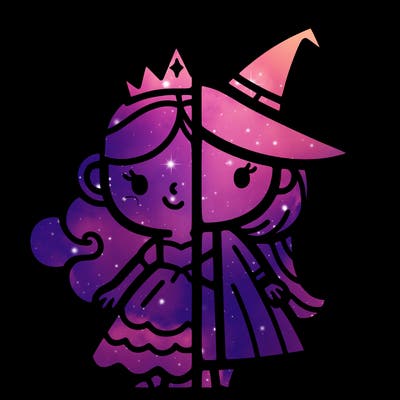 detailed split of a princess and a witch