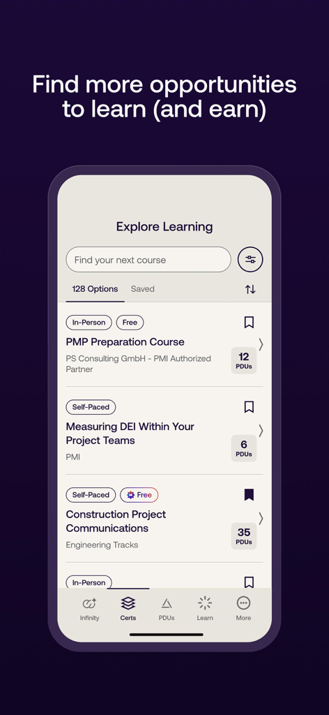 Pantalla de la app PMI Official mostrando cursos de aprendizaje de gestión de proyectos con valores de PDU y filtros de búsqueda.