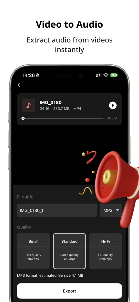 Vocal Remover & Acapella Maker - A mobile app interface for converting video files to audio with quality settings