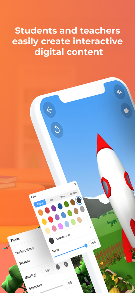A smartphone interface showing a student designing a 3D rocket with color and physics customization tools.