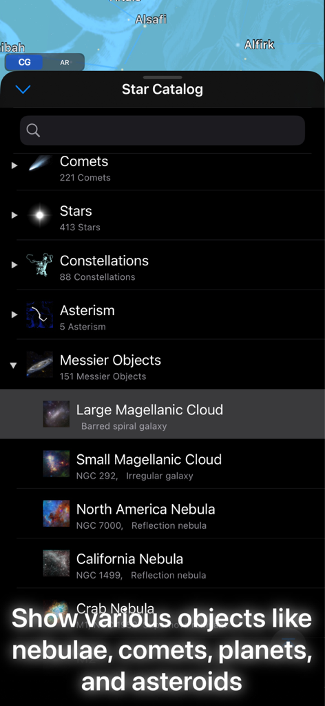 Starry Map - Star Catalog menu in the Starry Map app displaying lists of comets stars constellations and deep sky objects like nebulae and galaxies