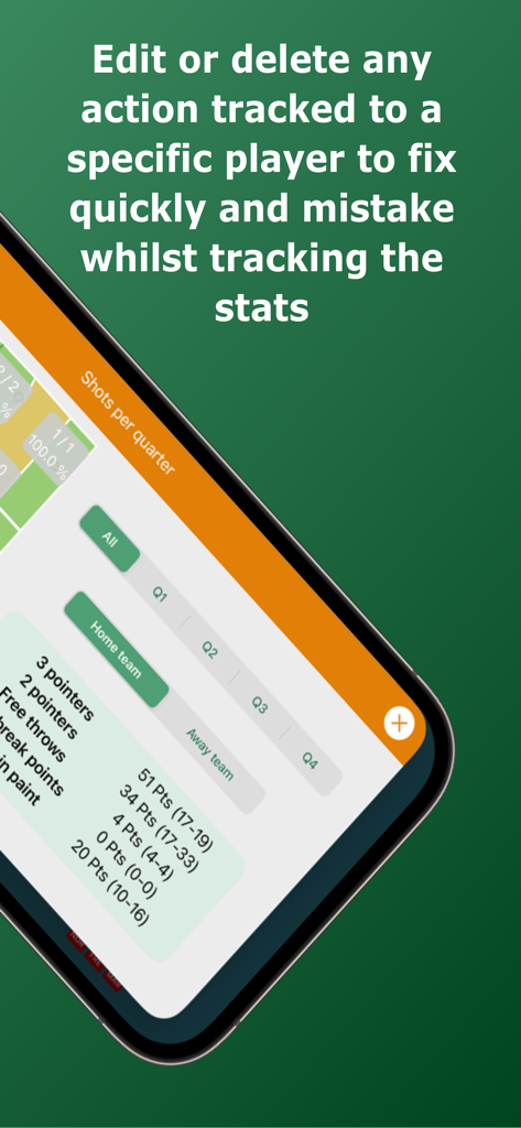 Basketball Stats Assistant - Basketball Stats Assistant app interface showing options to edit or delete tracked actions and view shots per quarter statistics.