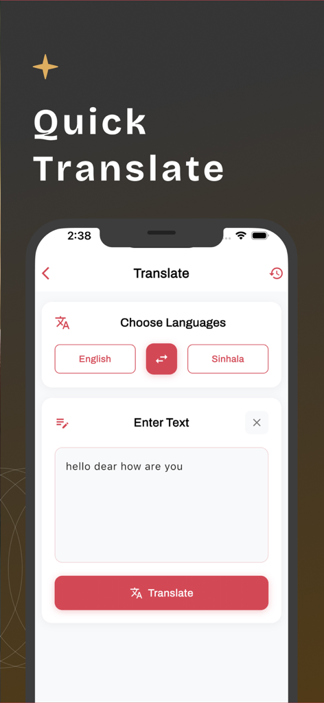 English to Sinhala Translator - English to Sinhala mobile app translation screen showing a quick translate feature and text input box