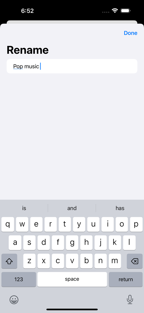 Set Ringtone - Una pantalla de iPhone en la aplicación Set Ringtone mostrando la función de renombrar con el texto 'Pop music' introducido.