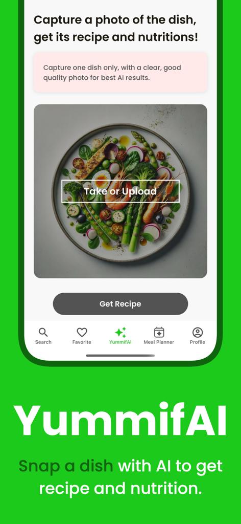 Yummify: AI Meal Plan, Recipes - Yummify app interface showing the AI feature to scan a dish for recipes and nutritional information