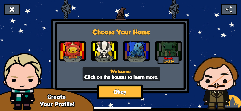 HP Wizarding Quiz - Pantalla de selección de casa en la aplicación Cuestionario de Magos HP con cuatro opciones de casas de animales mágicos y avatares de personajes