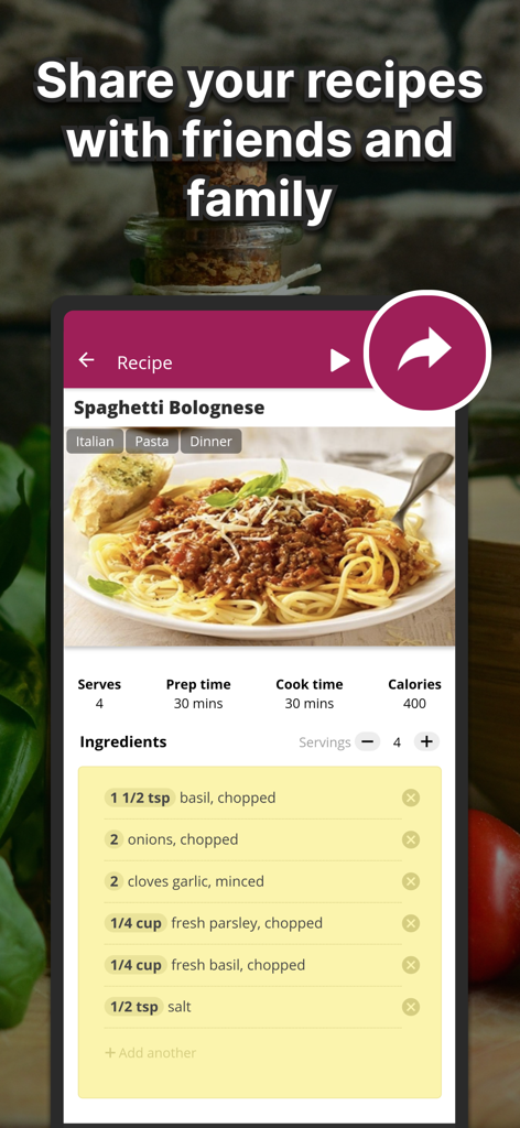Interfaz de la aplicación MealPlanner que muestra una receta de espagueti a la boloñesa con ingredientes y un botón para compartir