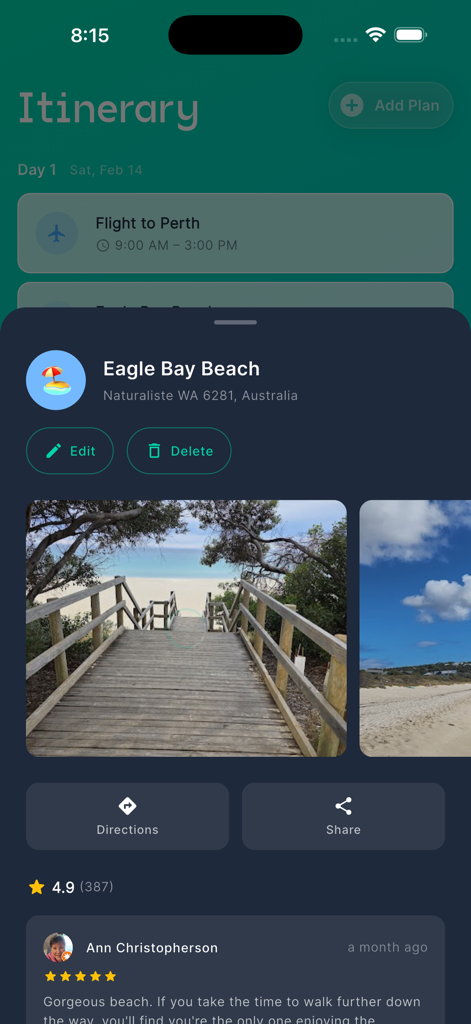Oddysee - Oddysee app itinerary screen showing detailed information and photos for Eagle Bay Beach