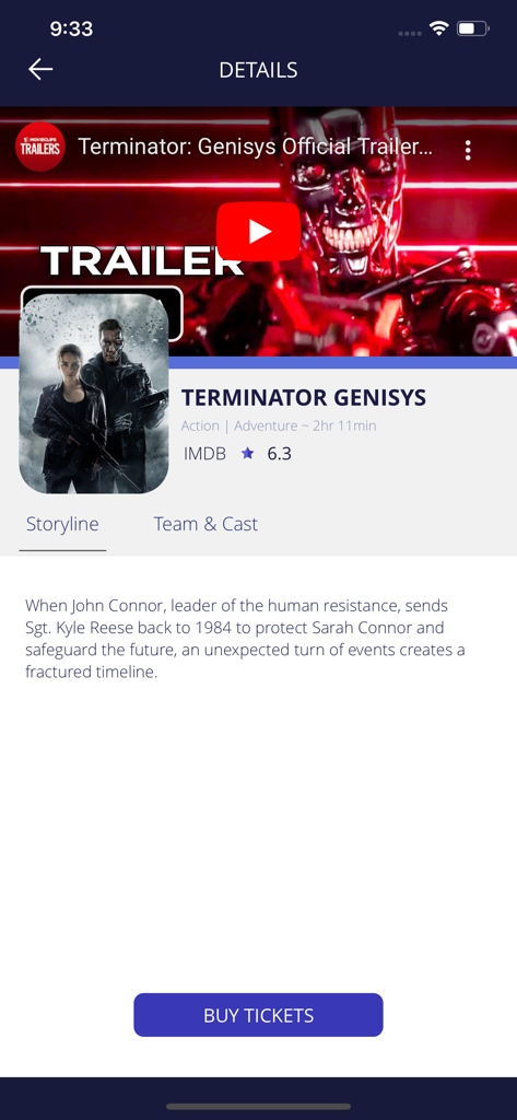 App Scope Cinemas che mostra i dettagli del film Terminator Genisys e il pulsante Acquista biglietti.