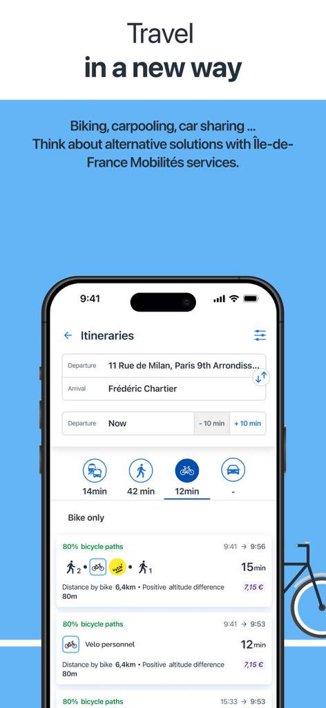 Île-de-France Mobilités - A smartphone screen showing the Ile-de-France Mobilites app with bike-only itinerary options and bicycle path details in Paris.