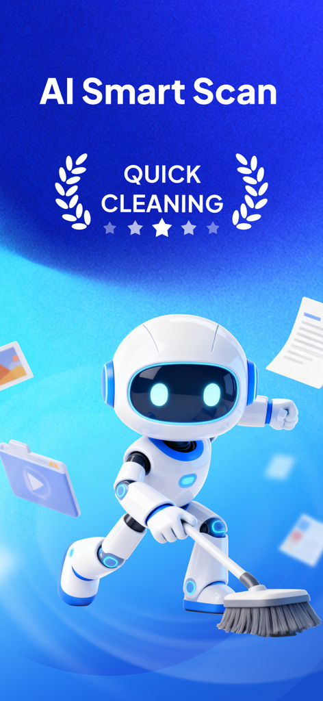 Smart Cleaner-Ai Cleaner - Um robô branco 3D amigável varrendo arquivos digitais para representar a varredura inteligente de IA e a limpeza rápida