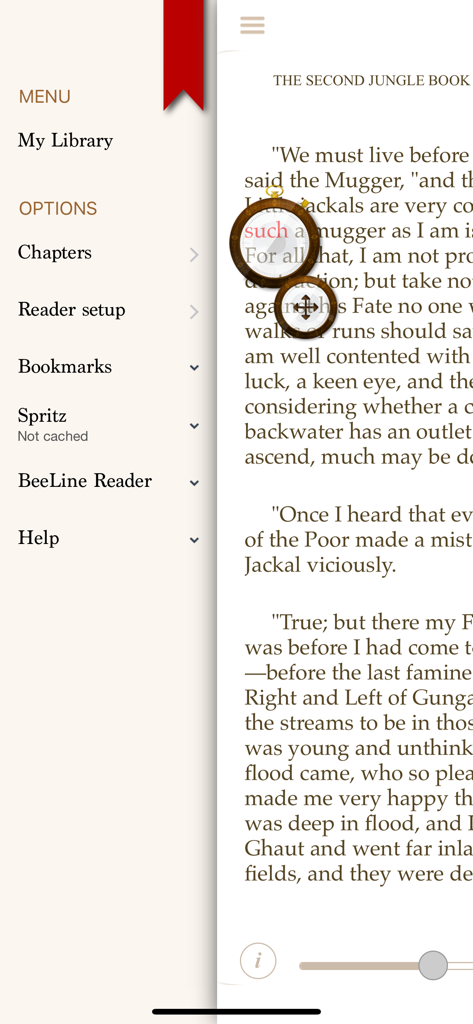 ReadMe! (BeeLine & Focus) - ReadMe app interface showing a side menu and a focused reading tool highlighting text in an eBook.